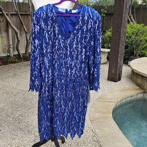 Nwt vtg Silky nites by Cherish  sequine beaded silk dress  blue royal  sz 22-24"
